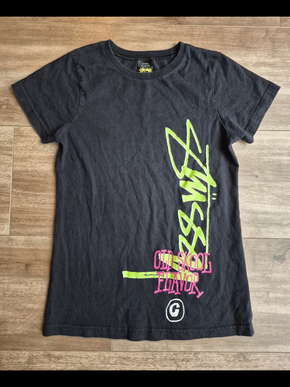 Vintage Stussy Old Skool Flavor Black Tee with Neon Green & Pink Vertical Logo